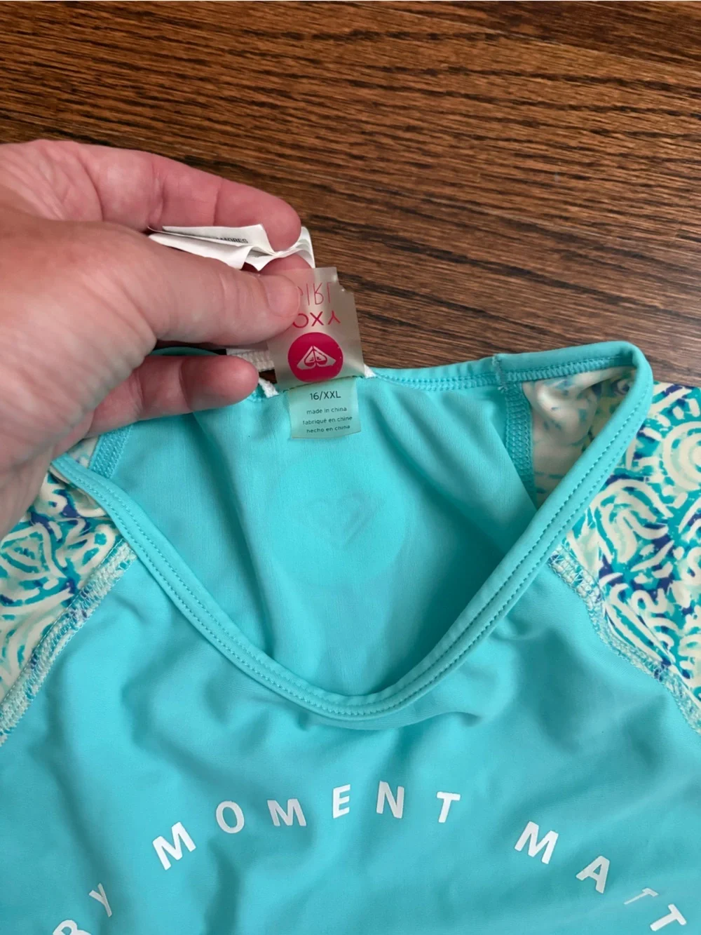 Roxy Girls' Teal Rash Guard Set with Patterned Sleeves and Bikini